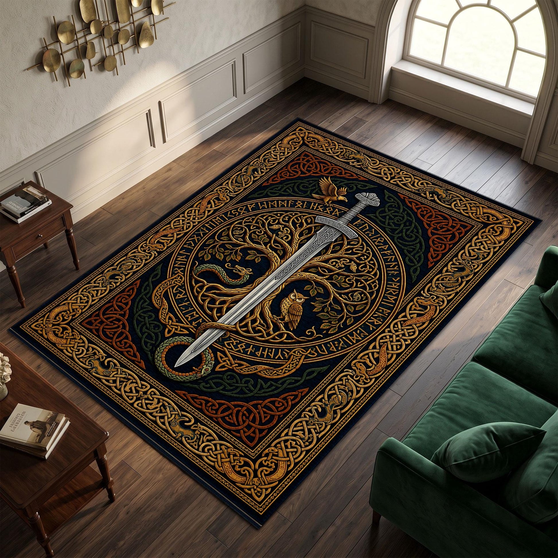 Viking Yggdrasil Tree of Life Rug - Viking Sword Rug, Norse Mythology Area Rug, Celtic Knot Decor