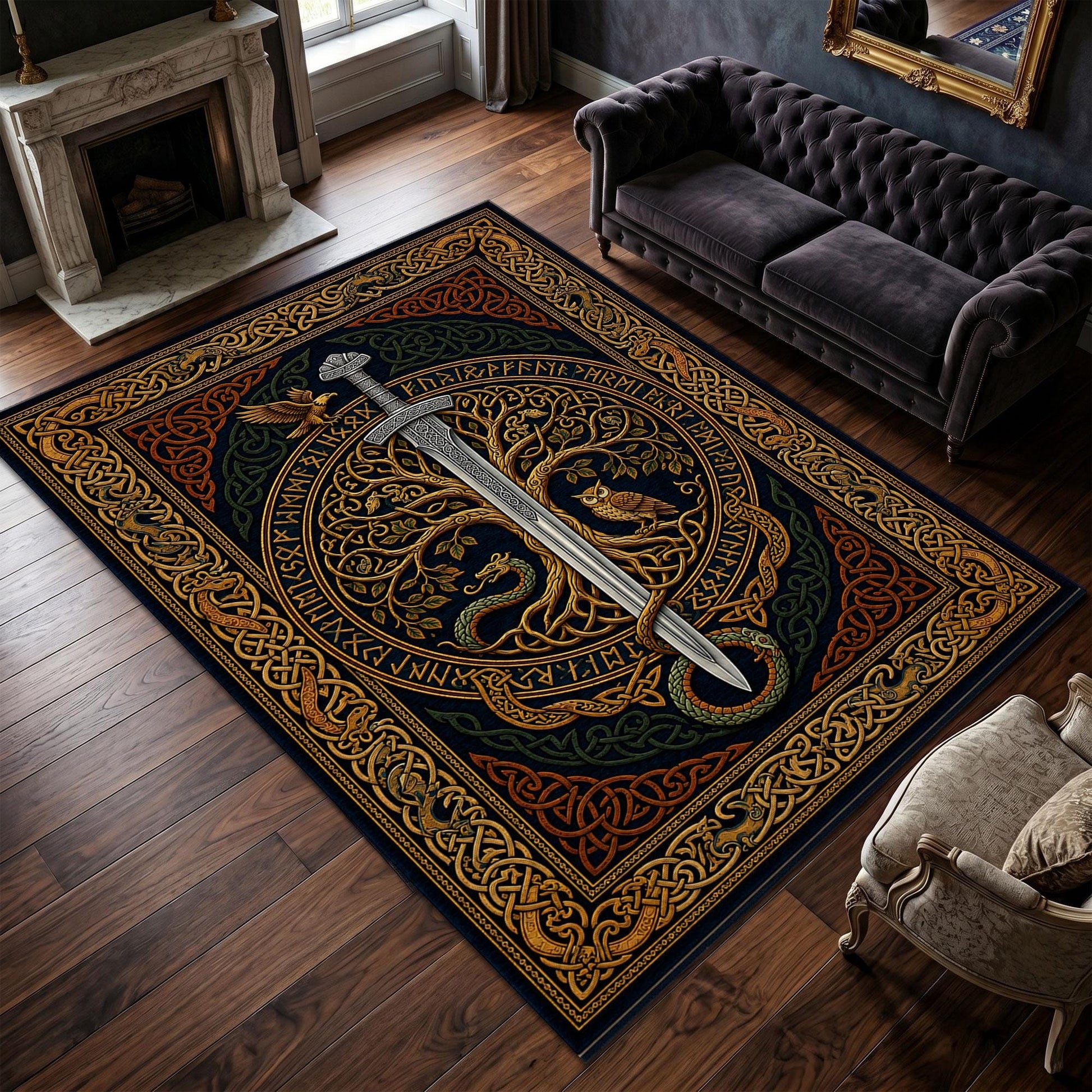 Viking Yggdrasil Tree of Life Rug - Viking Sword Rug, Norse Mythology Area Rug, Celtic Knot Decor