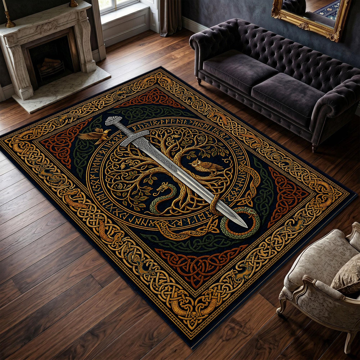 Viking Yggdrasil Tree of Life Rug - Viking Sword Rug, Norse Mythology Area Rug, Celtic Knot Decor