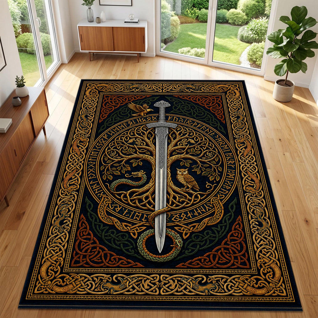 Viking Yggdrasil Tree of Life Rug - Viking Sword Rug, Norse Mythology Area Rug, Celtic Knot Decor