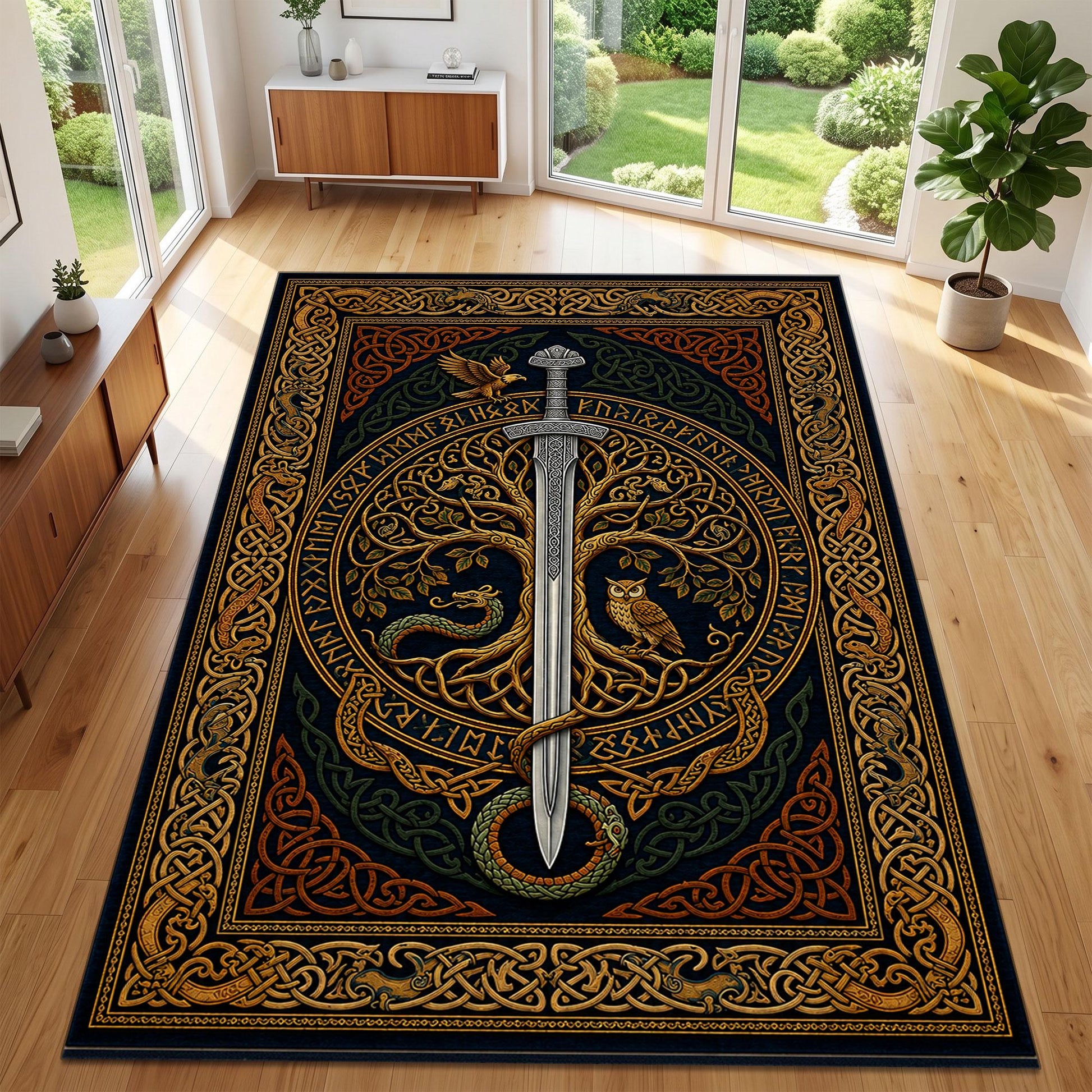 Viking Yggdrasil Tree of Life Rug - Viking Sword Rug, Norse Mythology Area Rug, Celtic Knot Decor