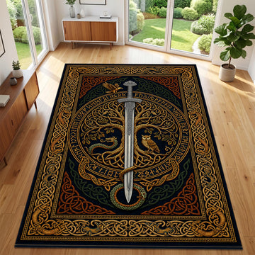 Viking Yggdrasil Tree of Life Rug - Viking Sword Rug, Norse Mythology Area Rug, Celtic Knot Decor