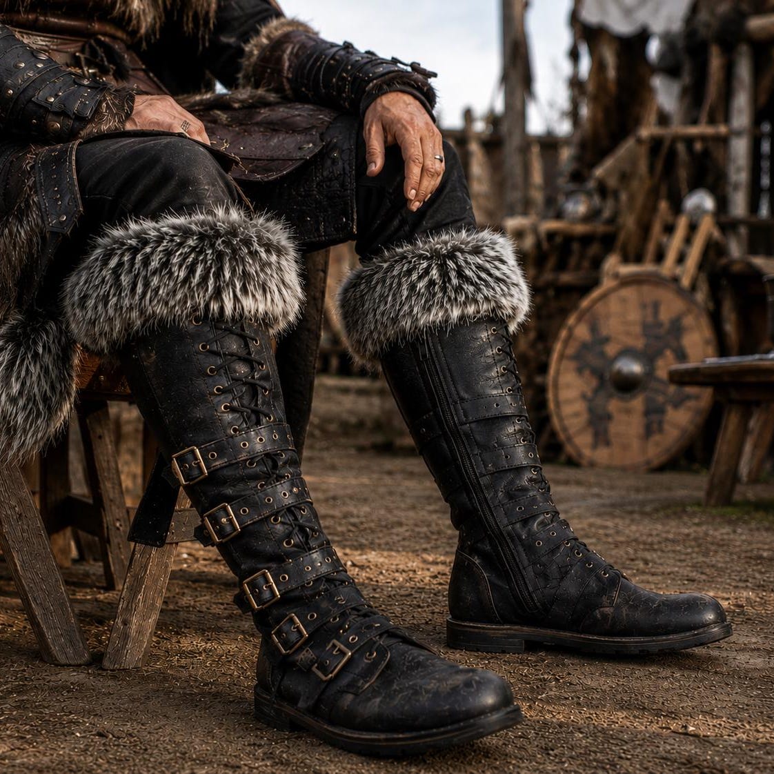 Viking Boots - Handmade Viking Fur Leather Boots for Men, Medieval Cosplay Boots, Renaissance Faire