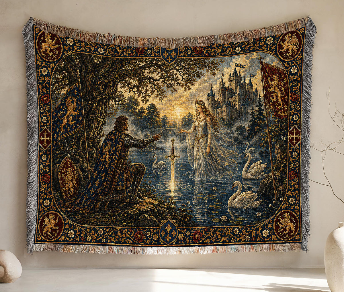 Viking Wolf Blanket - Norse Tree of Life Woven Blanket, Yggdrasil Raven and Wolf Tapestry Throw