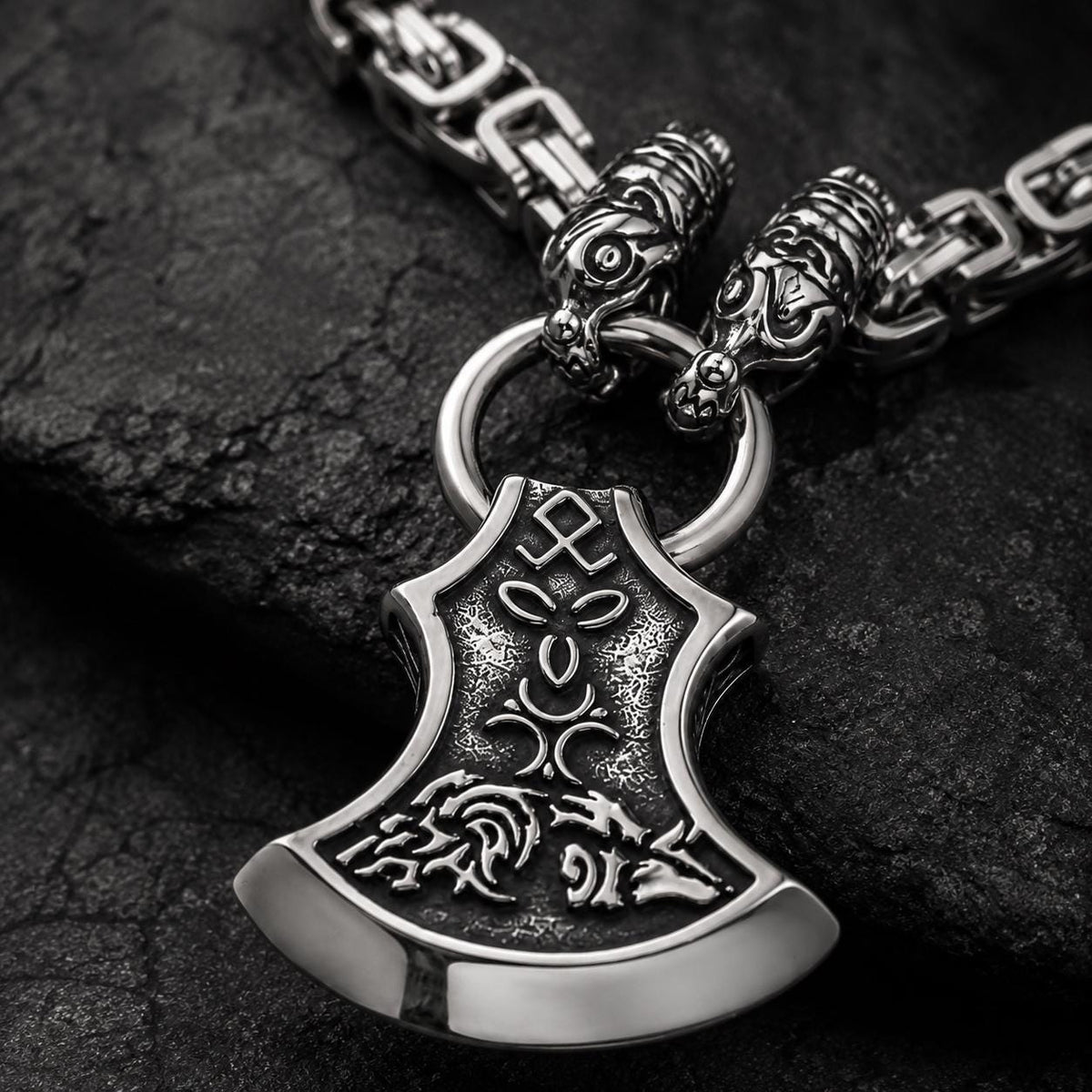 Viking Wolf Necklace - Men's Titanium Steel Viking Wolf Axe Pendant Necklace, Norse Mythology