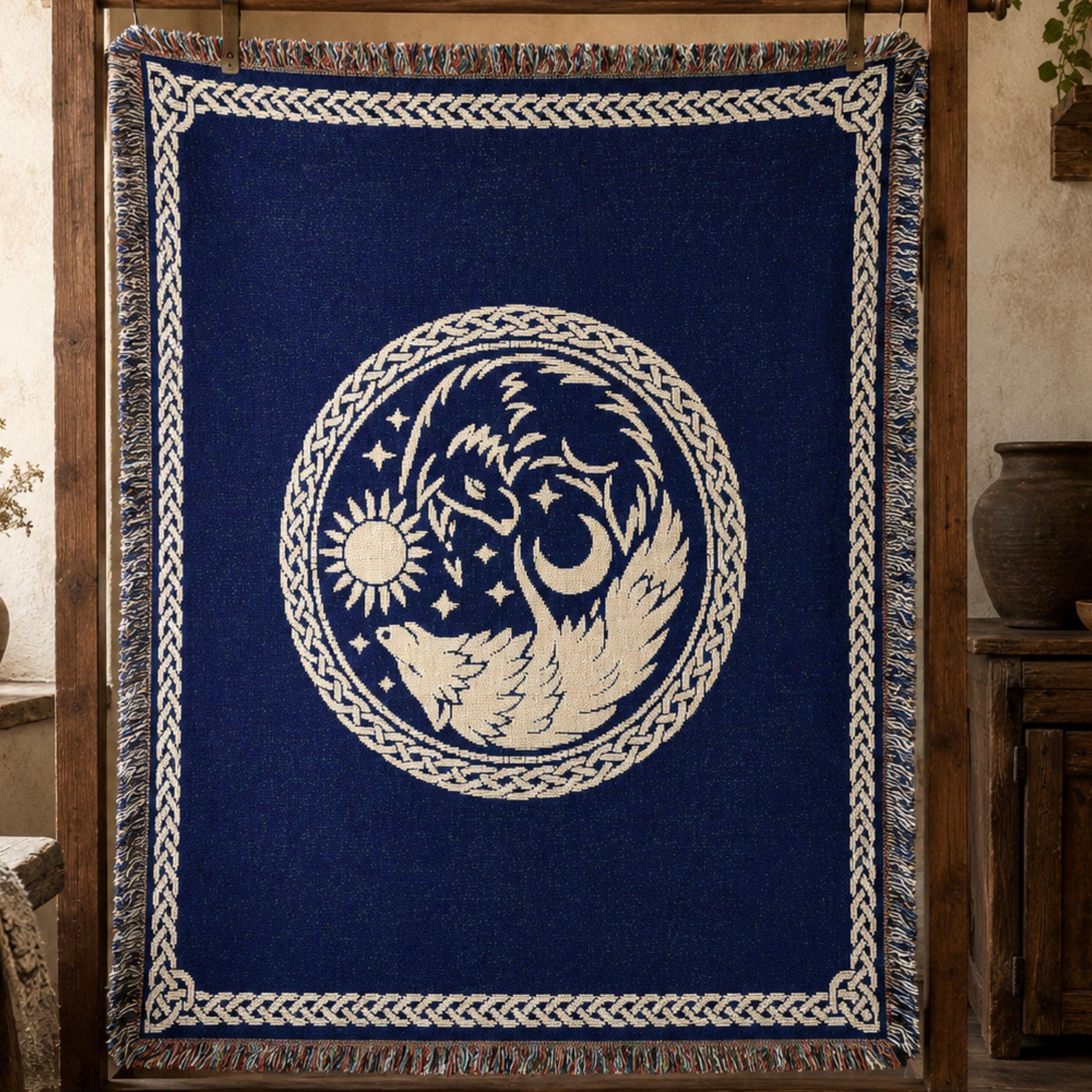 Viking Longship Blanket - Norse Blanket Viking Longship Throw, Woven Cotton Tapestry, Fringed Sofa