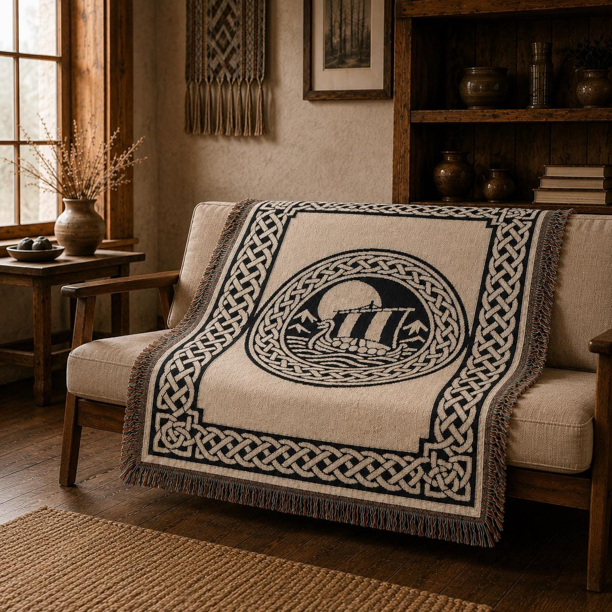 Viking Longship Blanket - Norse Blanket Viking Longship Throw, Woven Cotton Tapestry, Fringed Sofa