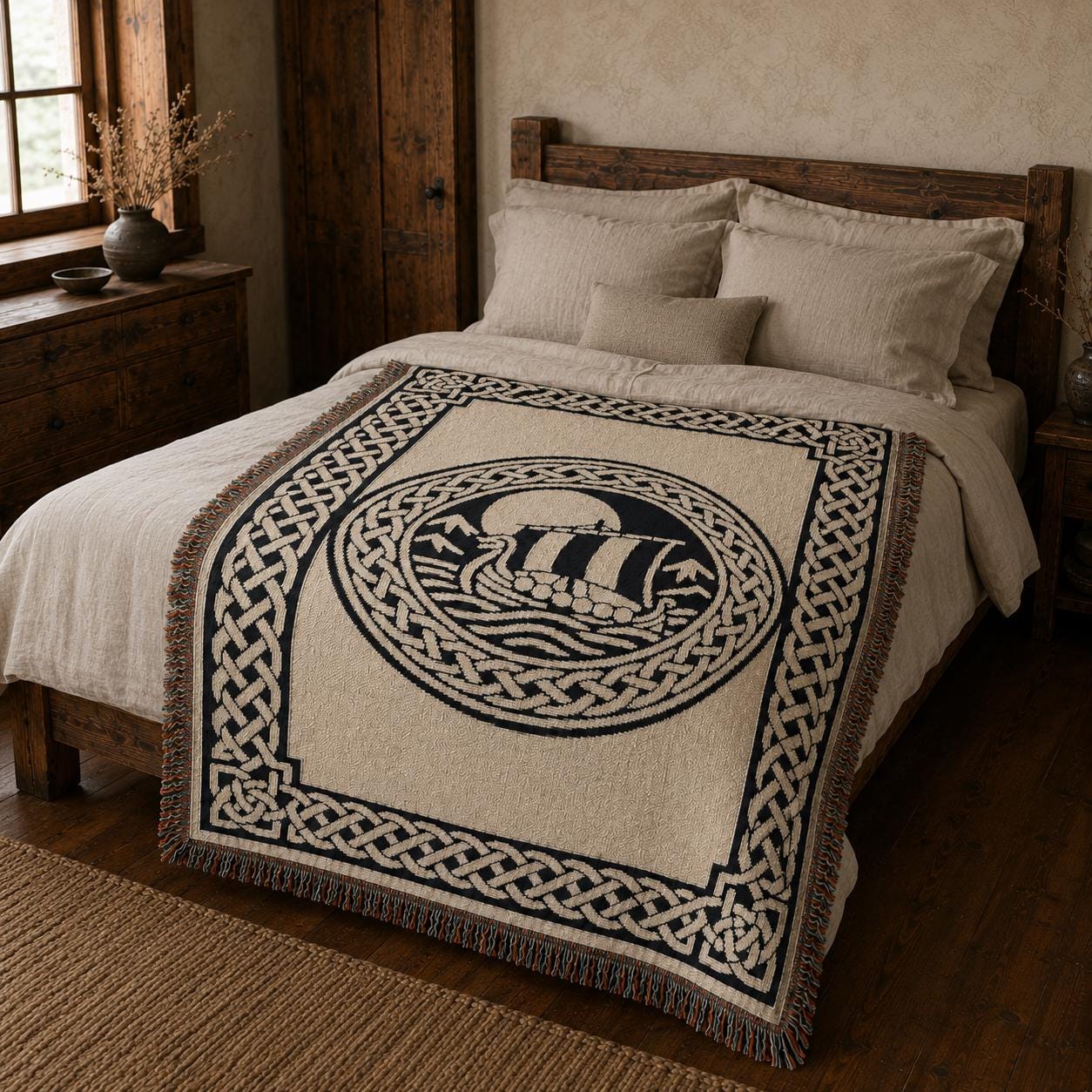 Viking Longship Blanket - Norse Blanket Viking Longship Throw, Woven Cotton Tapestry, Fringed Sofa