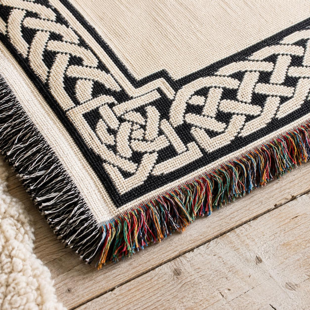 Viking Longship Blanket - Norse Blanket Viking Longship Throw, Woven Cotton Tapestry, Fringed Sofa