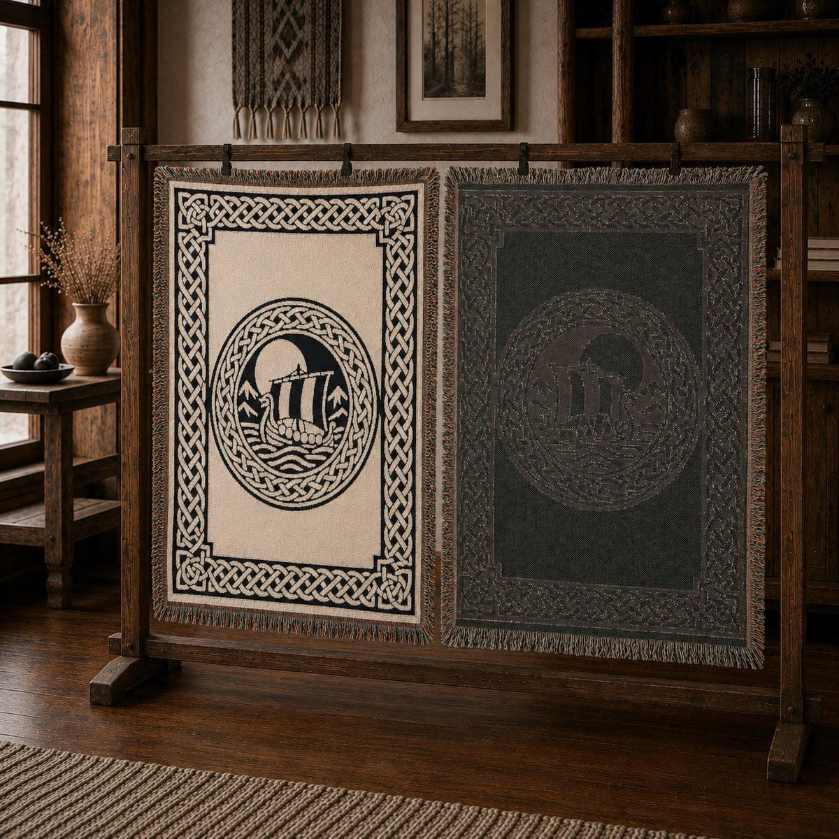 Viking Longship Blanket - Norse Blanket Viking Longship Throw, Woven Cotton Tapestry, Fringed Sofa