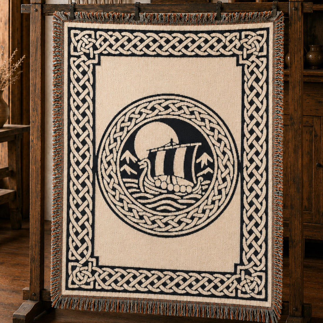 Viking Longship Blanket - Norse Blanket Viking Longship Throw, Woven Cotton Tapestry, Fringed Sofa