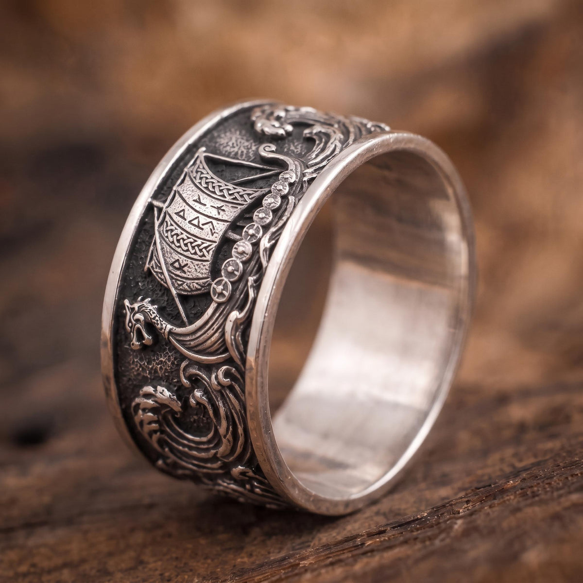 Viking Longship Ring, Oxidized Sterling Silver Band, Ocean Wave Jewelry