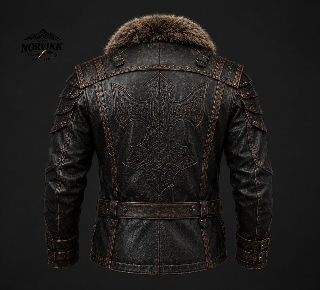 Viking Jacket - Handmade Viking Leather Jacket for Men Norse Warrior Fur Collar Coat, Medieval