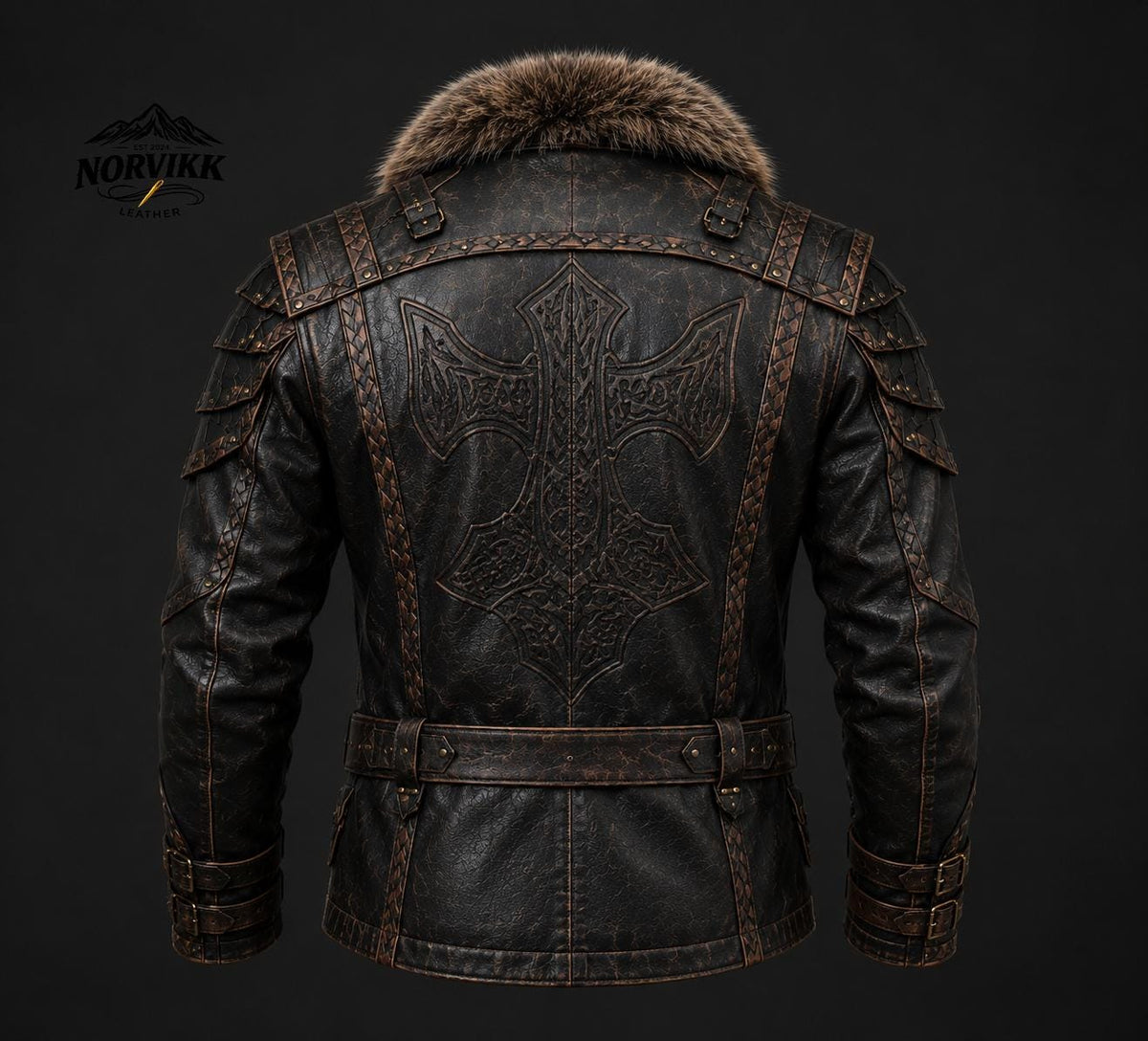 Viking Jacket - Handmade Viking Leather Jacket for Men Norse Warrior Fur Collar Coat, Medieval