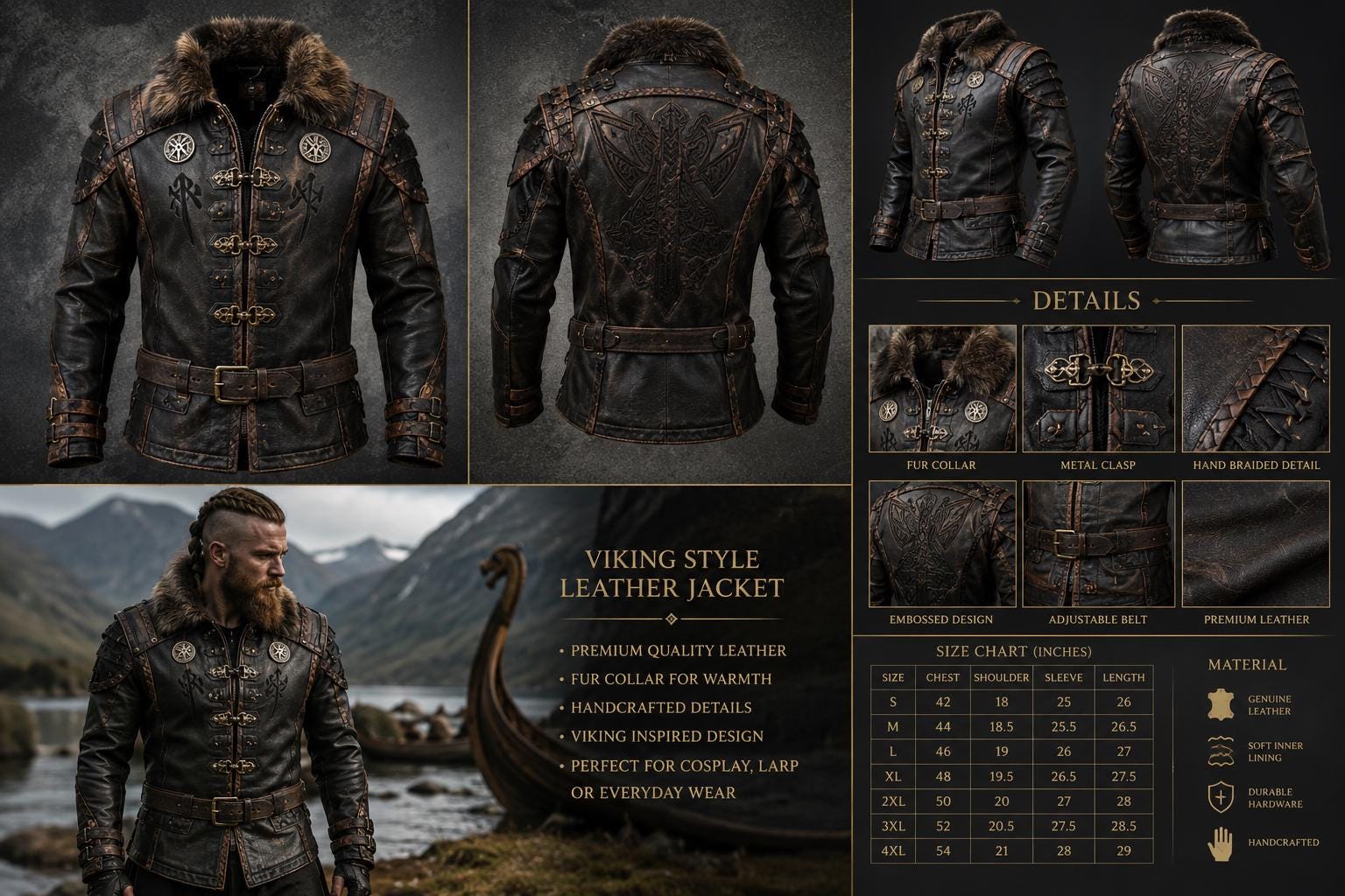 Viking Jacket - Handmade Viking Leather Jacket for Men Norse Warrior Fur Collar Coat, Medieval