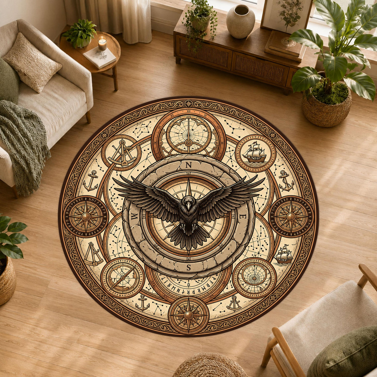 Viking Raven Rug - Viking Raven Round Rug, Norse Rune Circle Carpet, Celtic Knot Boho Gothic Decor