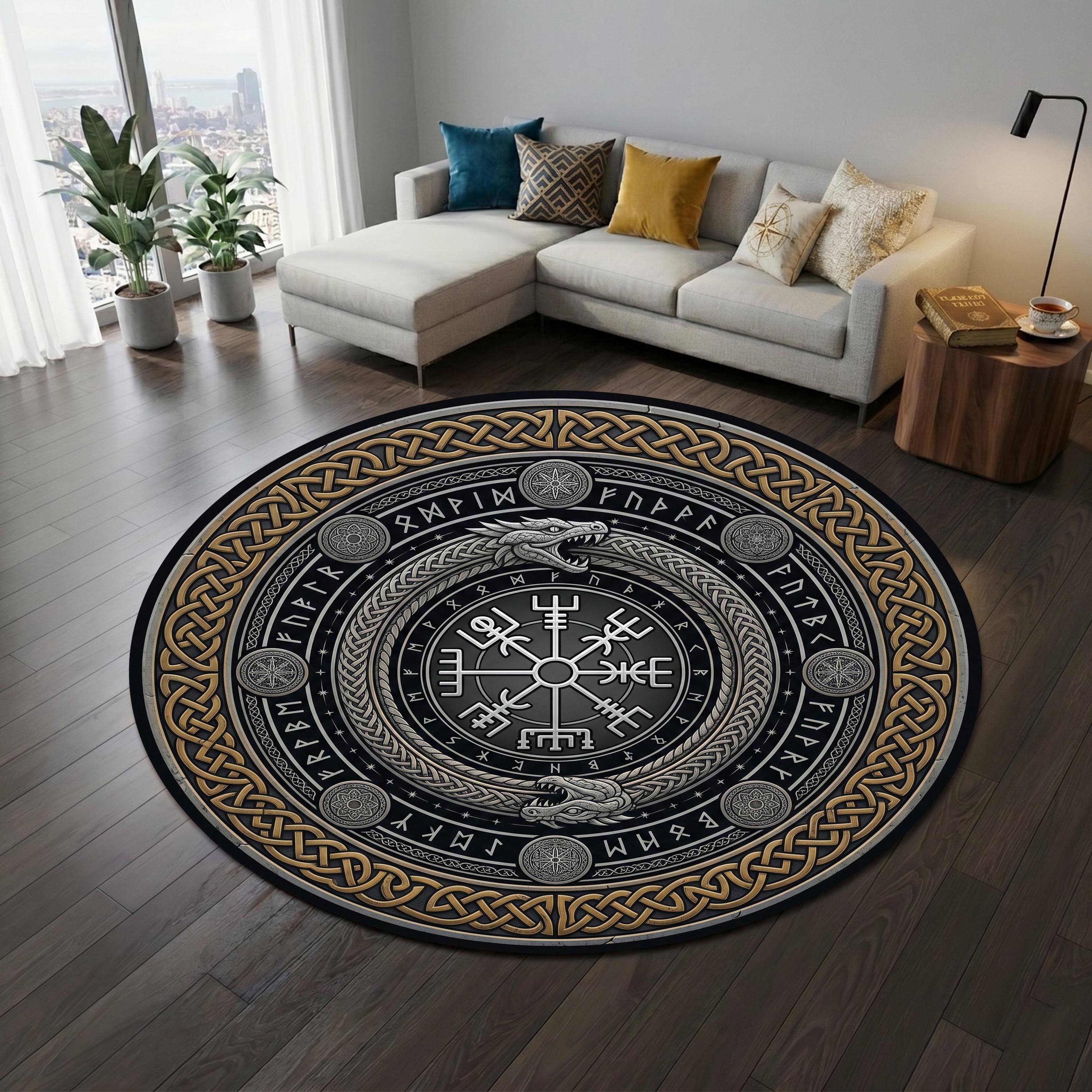 Viking Vegvisir Compass Rug - Round Viking Vegvisir Rug, Norse Compass Area Rug, Celtic Knot Nordic
