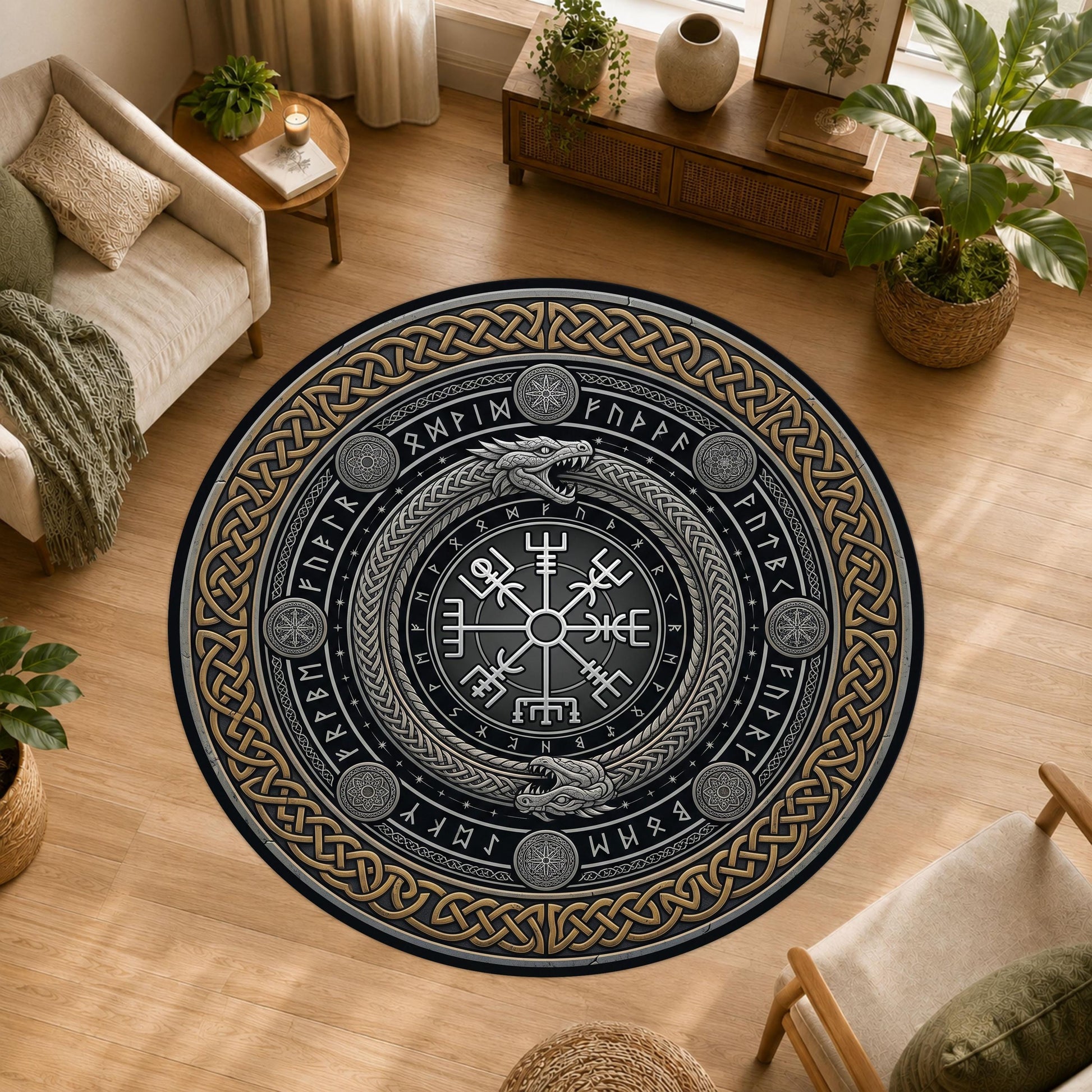 Viking Vegvisir Compass Rug - Round Viking Vegvisir Rug, Norse Compass Area Rug, Celtic Knot Nordic