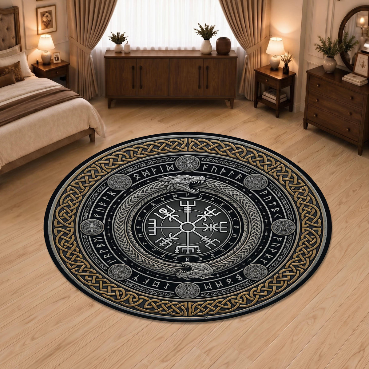 Viking Vegvisir Compass Rug - Round Viking Vegvisir Rug, Norse Compass Area Rug, Celtic Knot Nordic