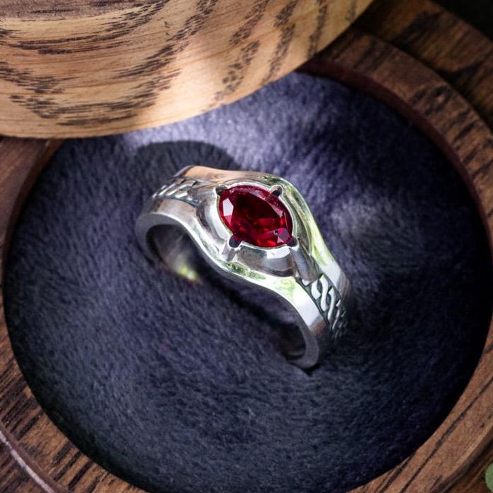 Viking Ring - 14k gold dwarven ring, brutalist signet ruby gemstone ring, fantasy viking nordic
