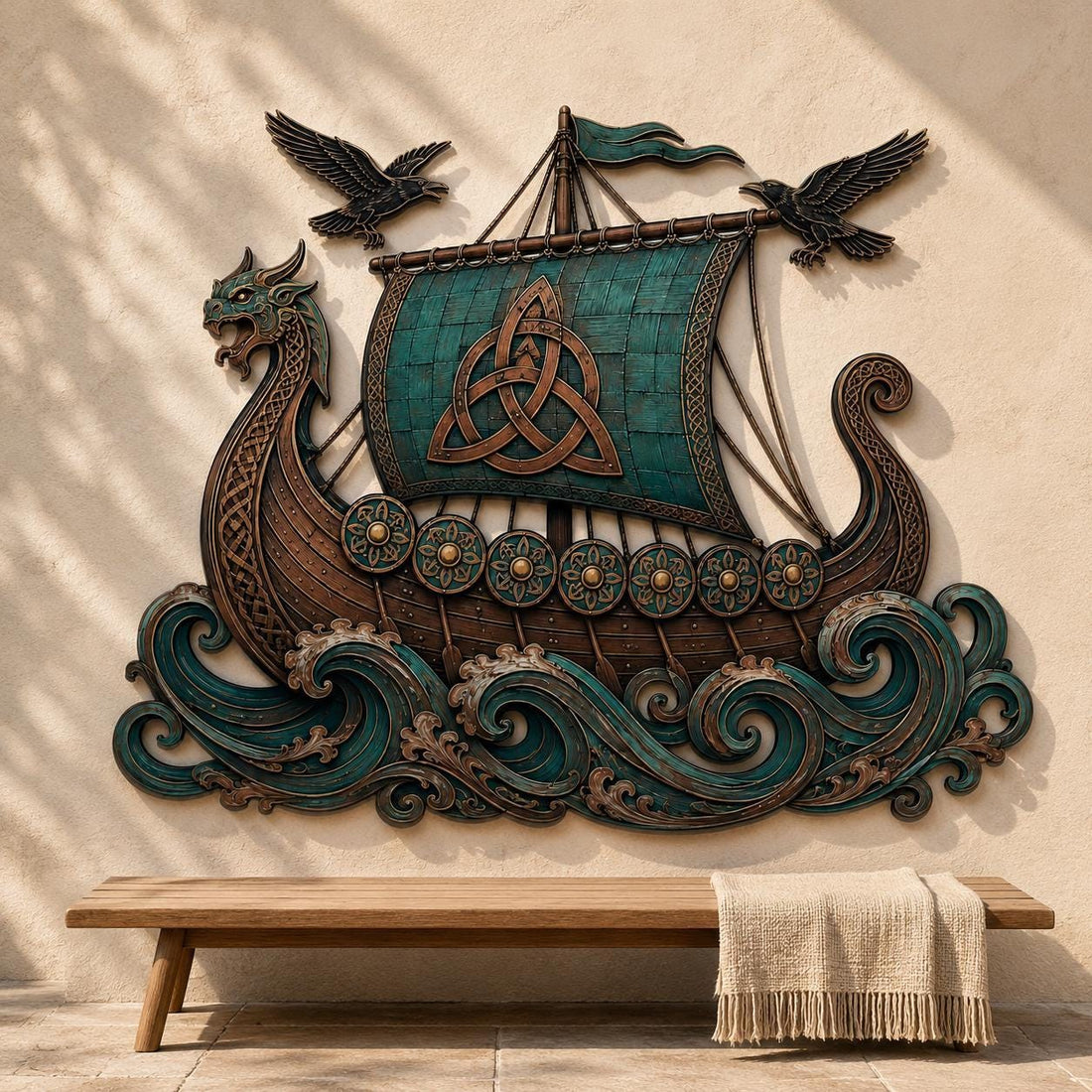 Viking Raven Home Decor - Viking Ship Metal Wall Art, Norse Longship Decor, Celtic Knot Sign