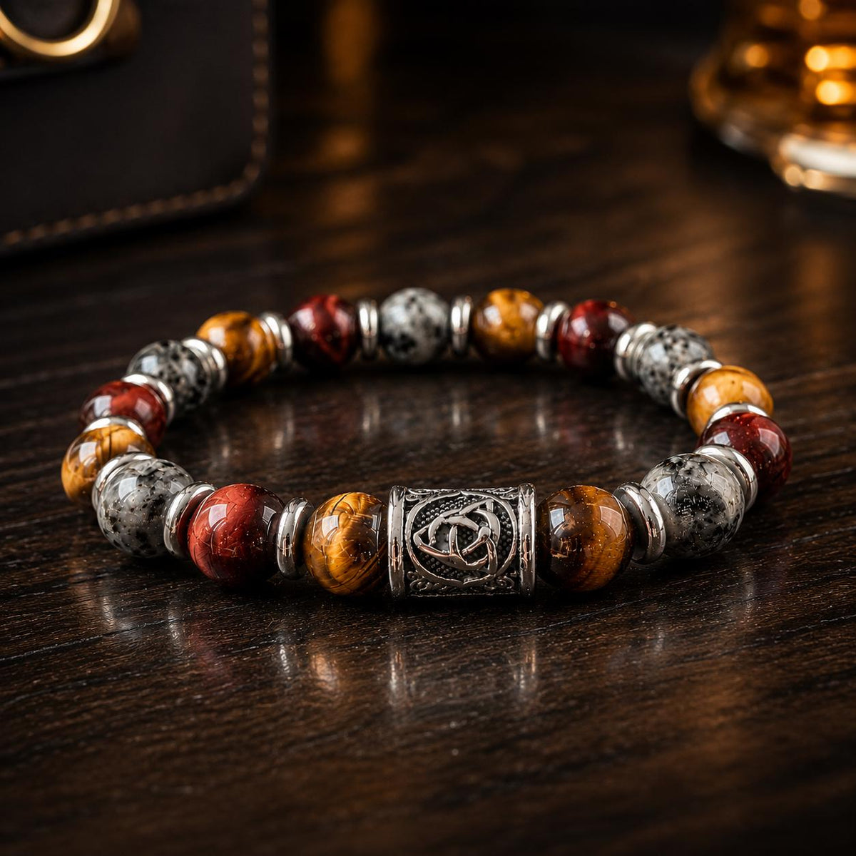 Viking Bracelet - Men’s Matte Tiger Eye Beaded Stretch Bracelet, Celtic Trinity Knot Bracelet