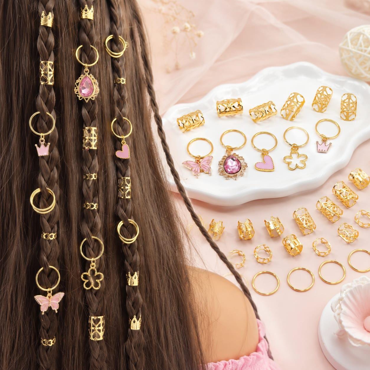 Viking Ring - Loc Jewelry Hair Braid Rings 40PCS Set, Dreadlock Jewelry, Gold Flower Hair Cuffs
