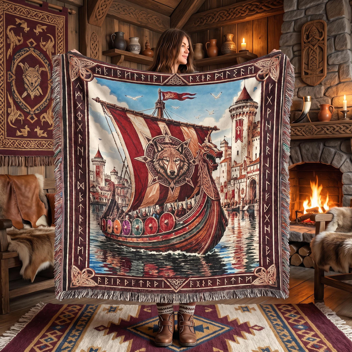 Viking Blanket - Viking Ship Woven Blanket, Norse Wall Art, Man Cave Decor, Gift for Him