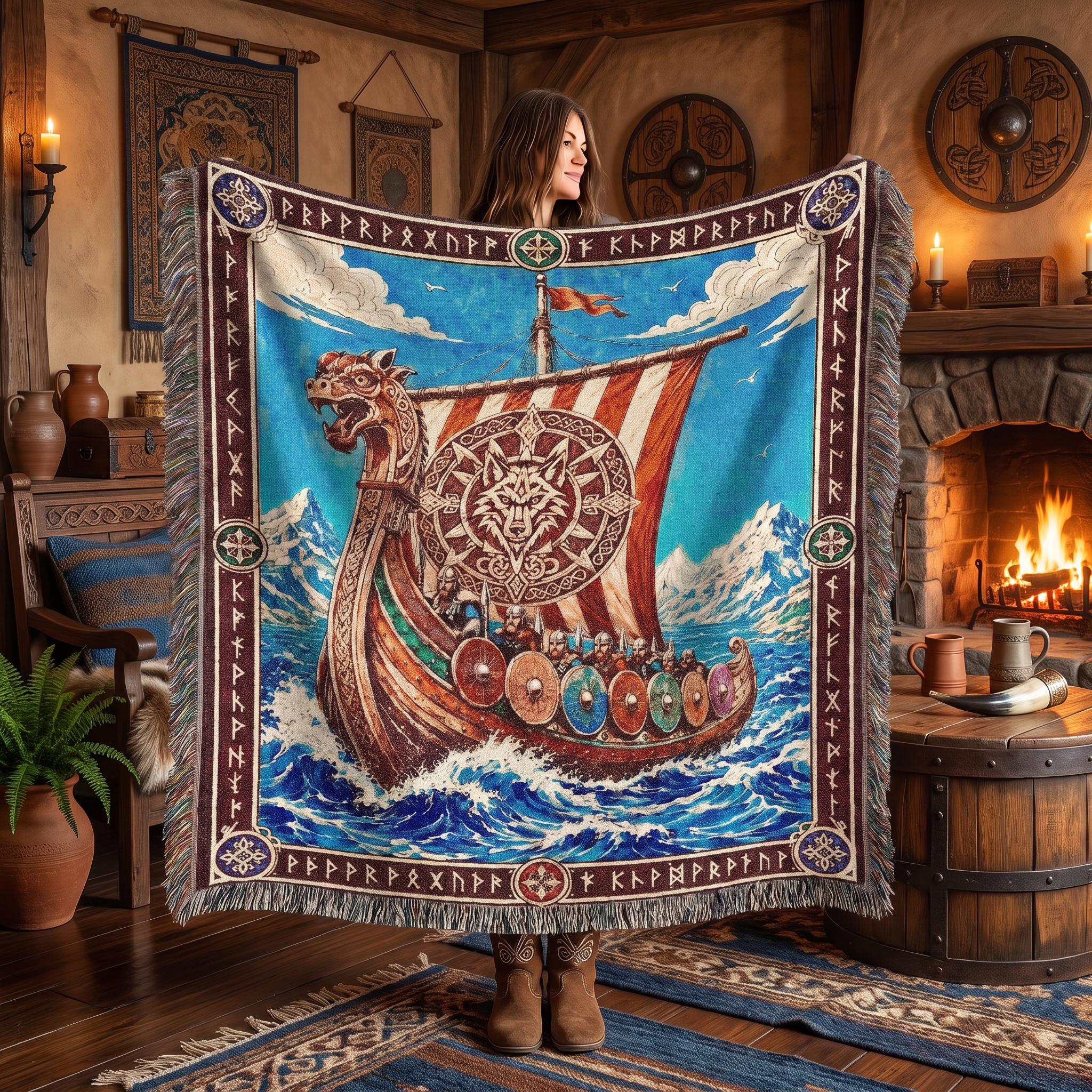 Viking Blanket - Viking Ship Woven Blanket, Norse Wall Art, Man Cave Decor, Gift for Him