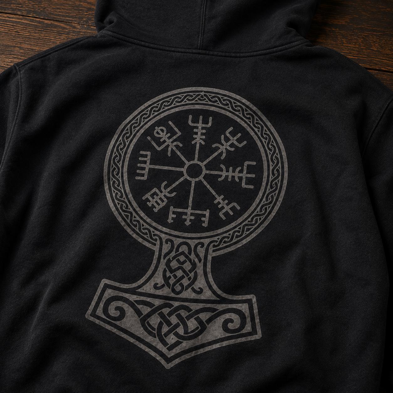 Viking Thor's Hammer Hoodie - Viking Hoodie Men Vegvisir Compass Mjolnir Thor Hammer Norse