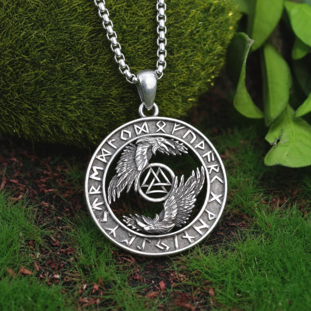 Viking Valknut Necklace - Sterling Silver Viking Valknut Raven Pendant: Norse Amulet Necklace