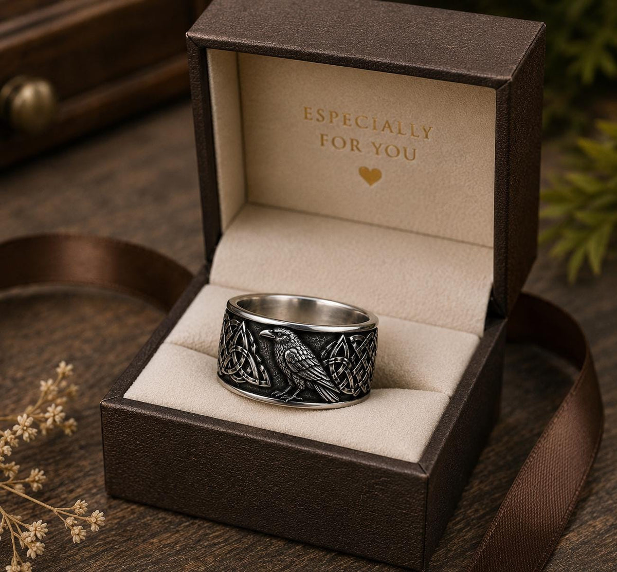 Viking Raven Ring - Raven Celtic Knot Ring, Viking Raven Band, Oxidized Silver Ring, Norse Celtic