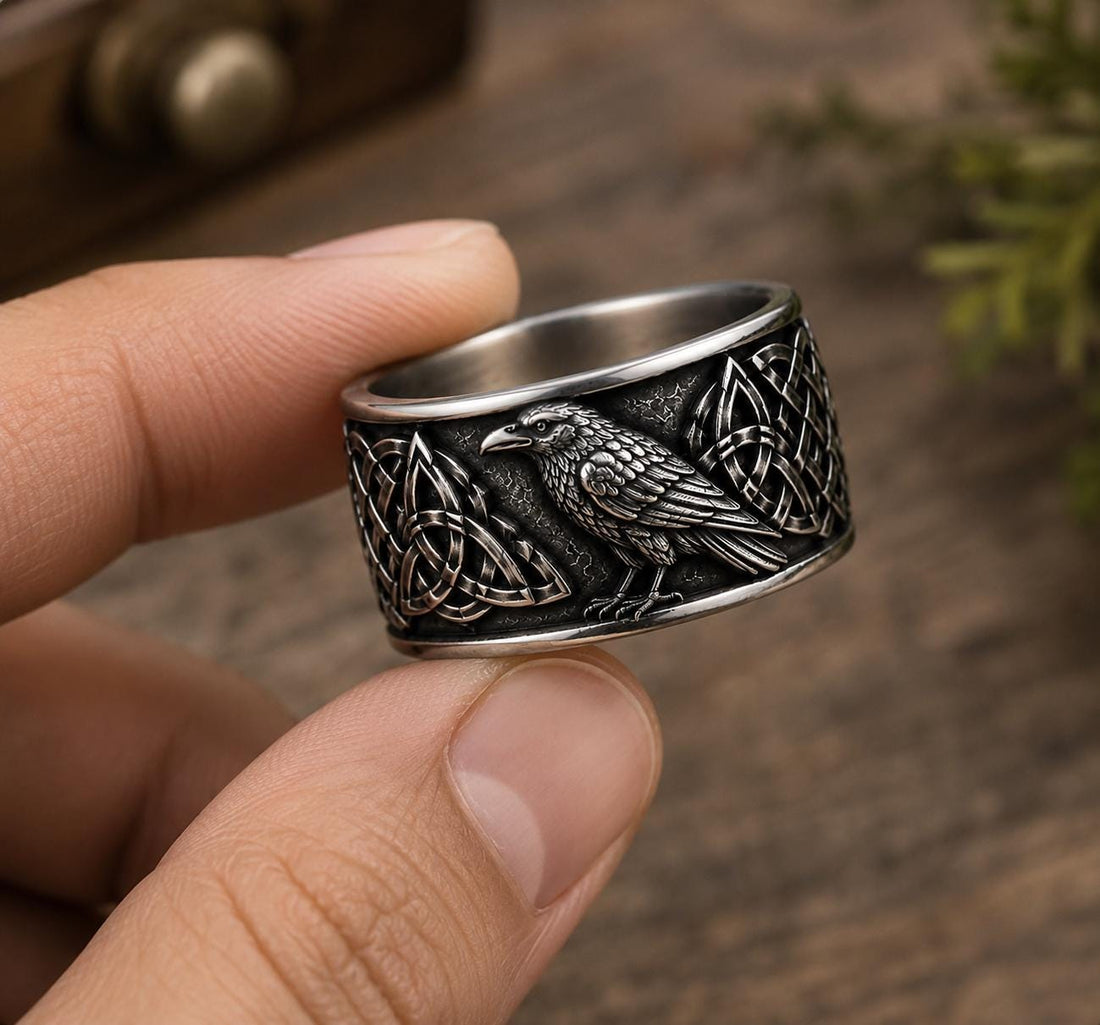 Viking Raven Ring - Raven Celtic Knot Ring, Viking Raven Band, Oxidized Silver Ring, Norse Celtic