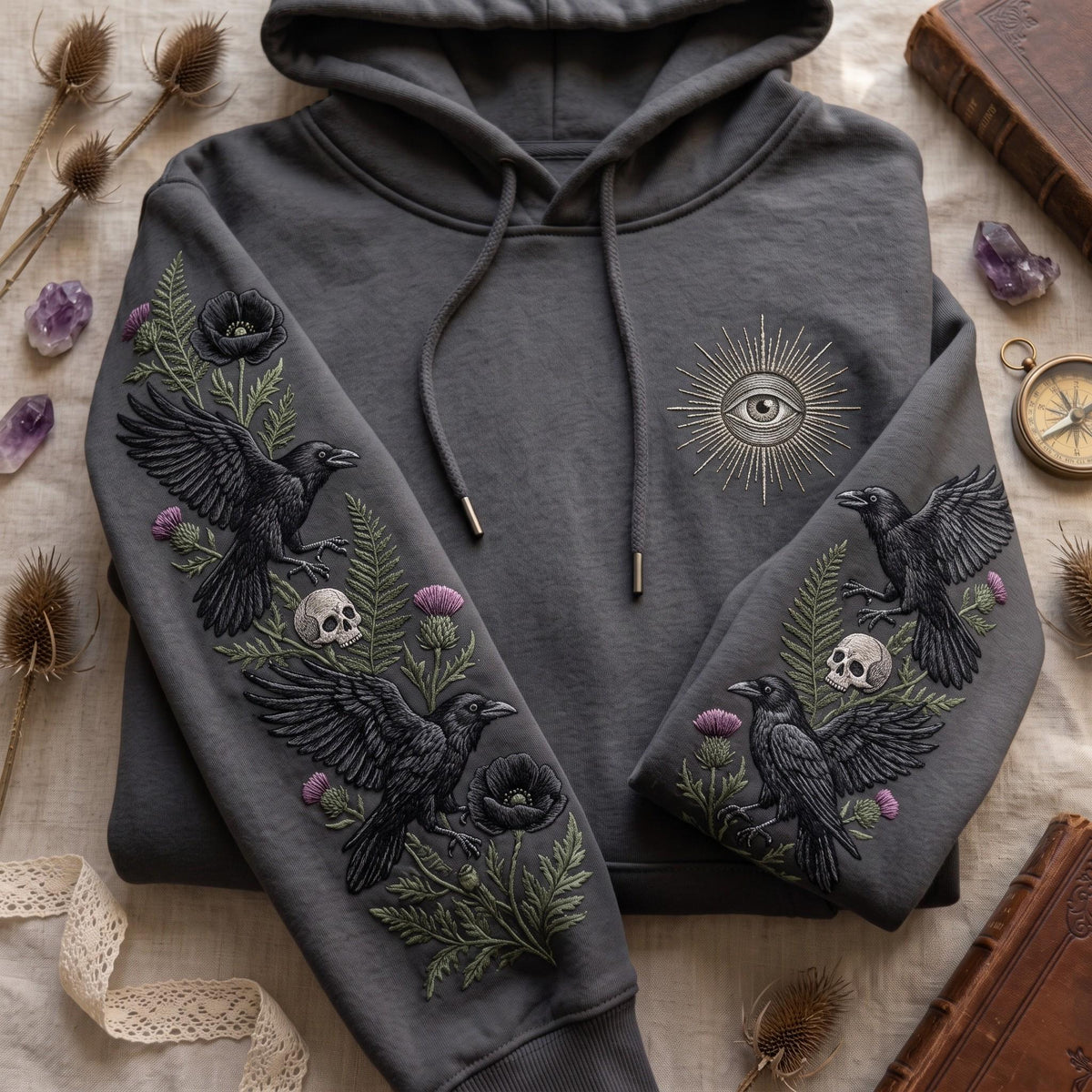 Viking Raven Hoodie - Viking Nordic Raven Embroidered Hoodie, Raven Face Hoodie, Crescent Raven