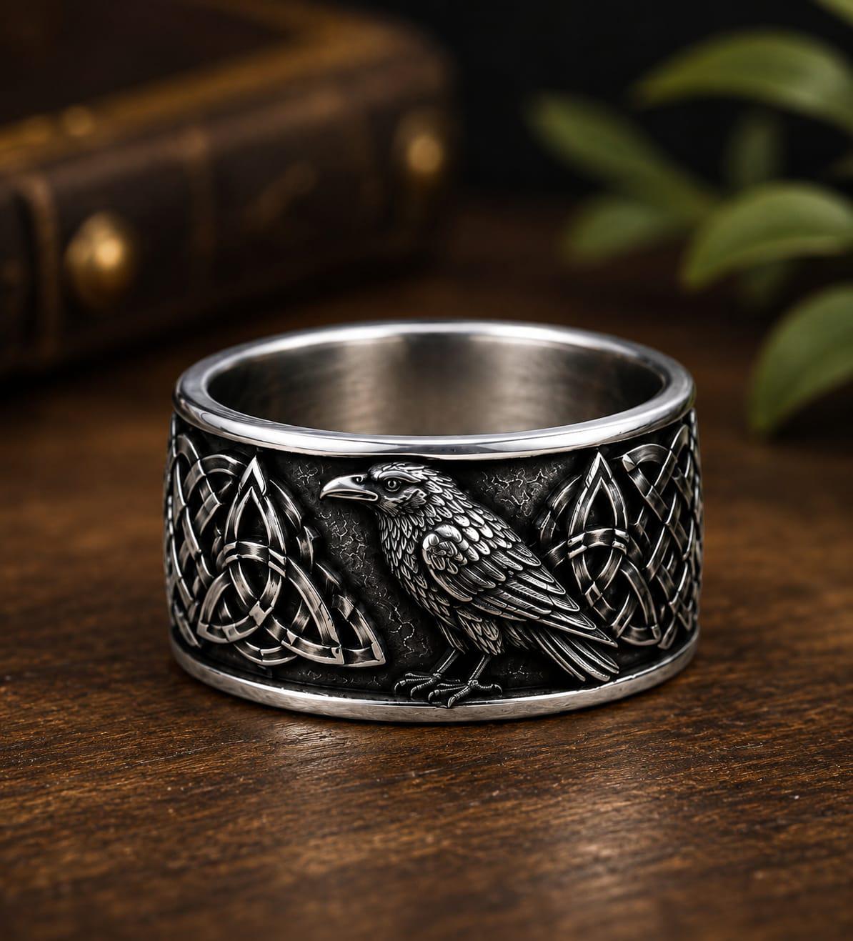 Viking Raven Ring - Silver Raven Celtic Knot Ring, Oxidized Viking Band, Norse Gothic Jewelry