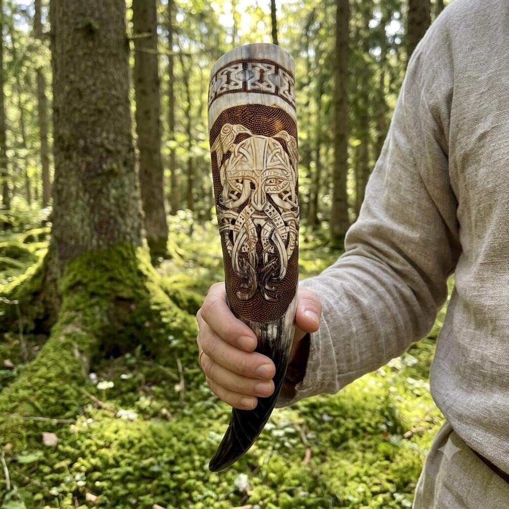 Viking Odin Mug - Hand Carved Viking Horn Mug, Norse Odin Tankard, Medieval Mead Cup (500-650ml)