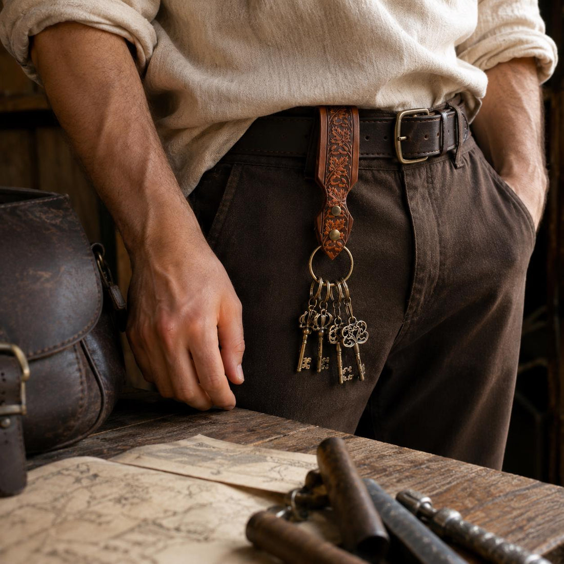 Viking Ring - Medieval Leather Belt Key Holder, Renaissance Keychain Belt Loop, Viking Cosplay