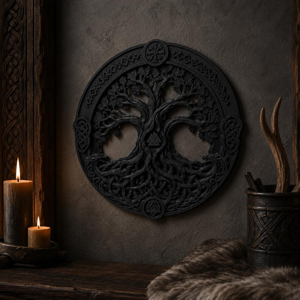 Viking Wolf Blanket - Norse Tree of Life Woven Blanket, Yggdrasil Raven and Wolf Tapestry Throw