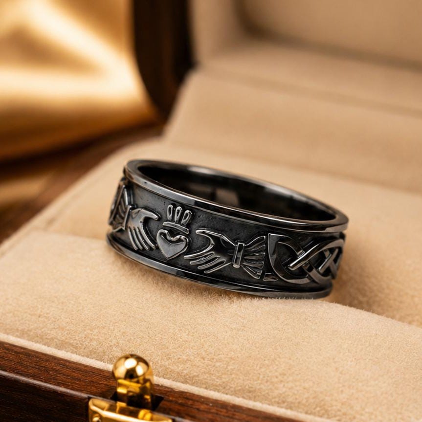 Viking Raven Ring - Silver Raven Celtic Knot Ring, Oxidized Viking Band, Norse Gothic Jewelry