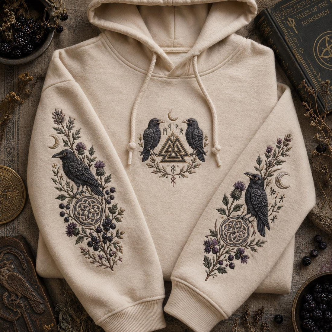 Viking Raven Hoodie - Viking Nordic Raven Embroidered Hoodie, Raven Face Hoodie, Crescent Raven
