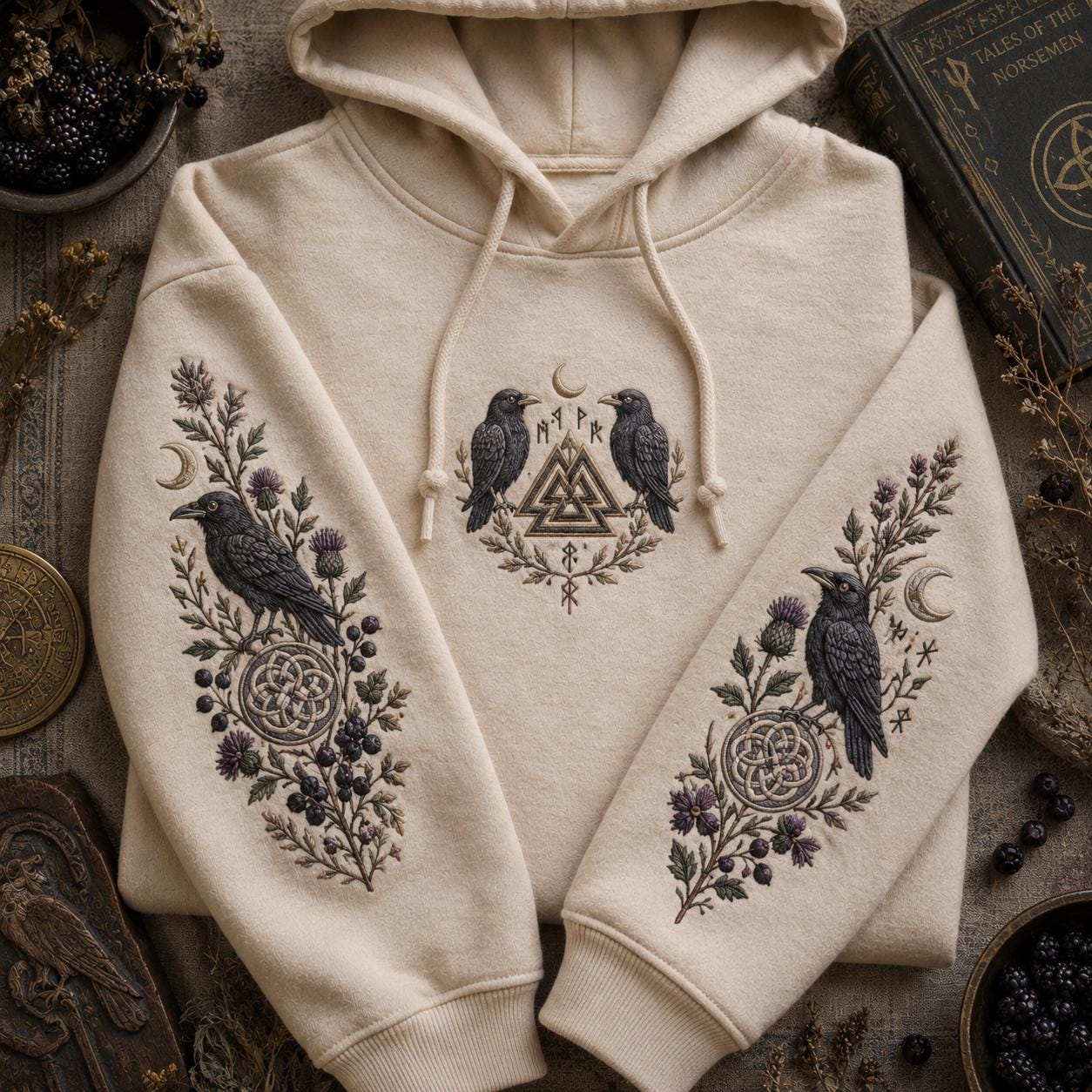 Viking Raven Hoodie - Viking Nordic Raven Embroidered Hoodie, Raven Face Hoodie, Crescent Raven