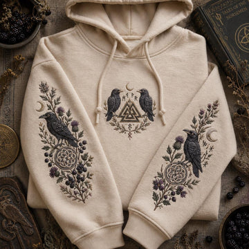 Viking Raven Hoodie - Viking Nordic Raven Embroidered Hoodie, Raven Face Hoodie, Crescent Raven