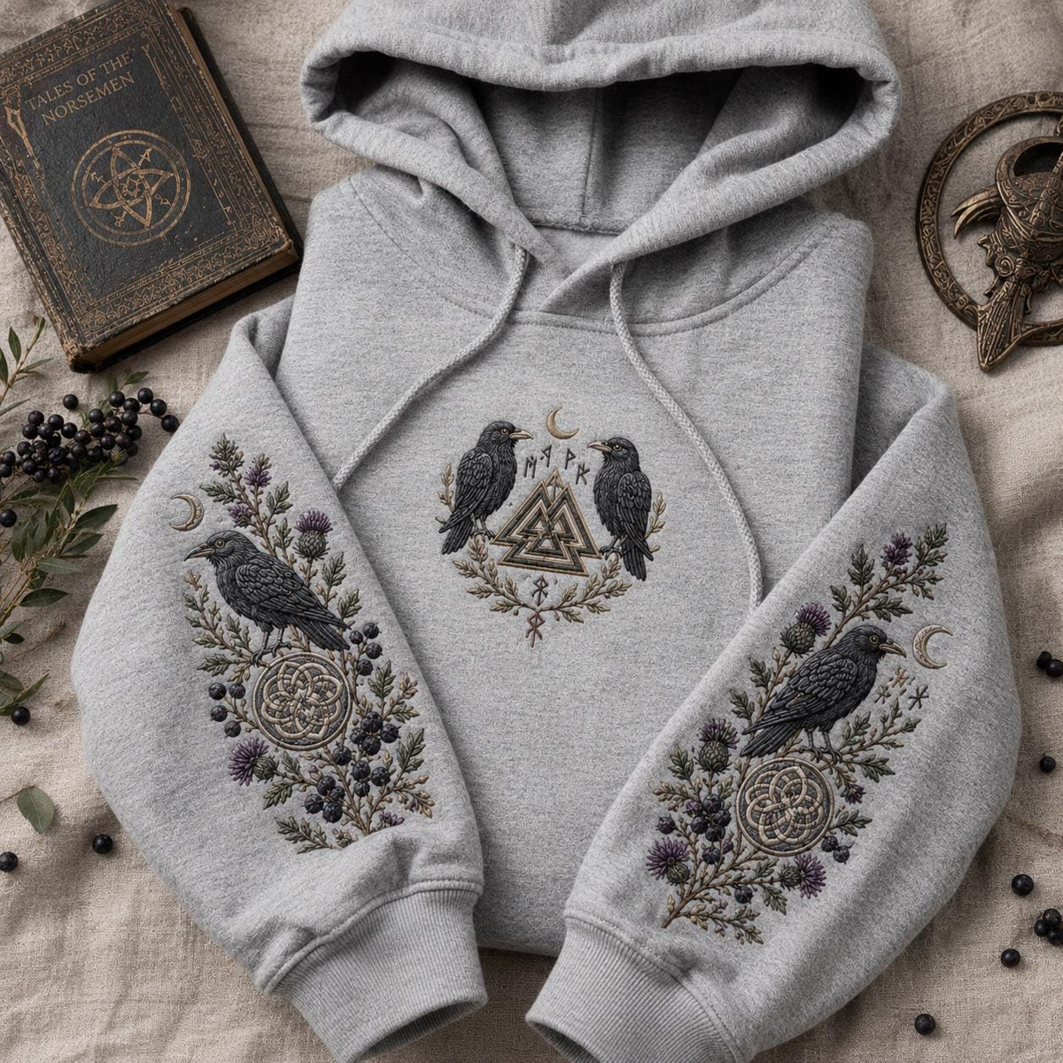 Viking Raven Hoodie - Viking Nordic Raven Embroidered Hoodie, Raven Face Hoodie, Crescent Raven