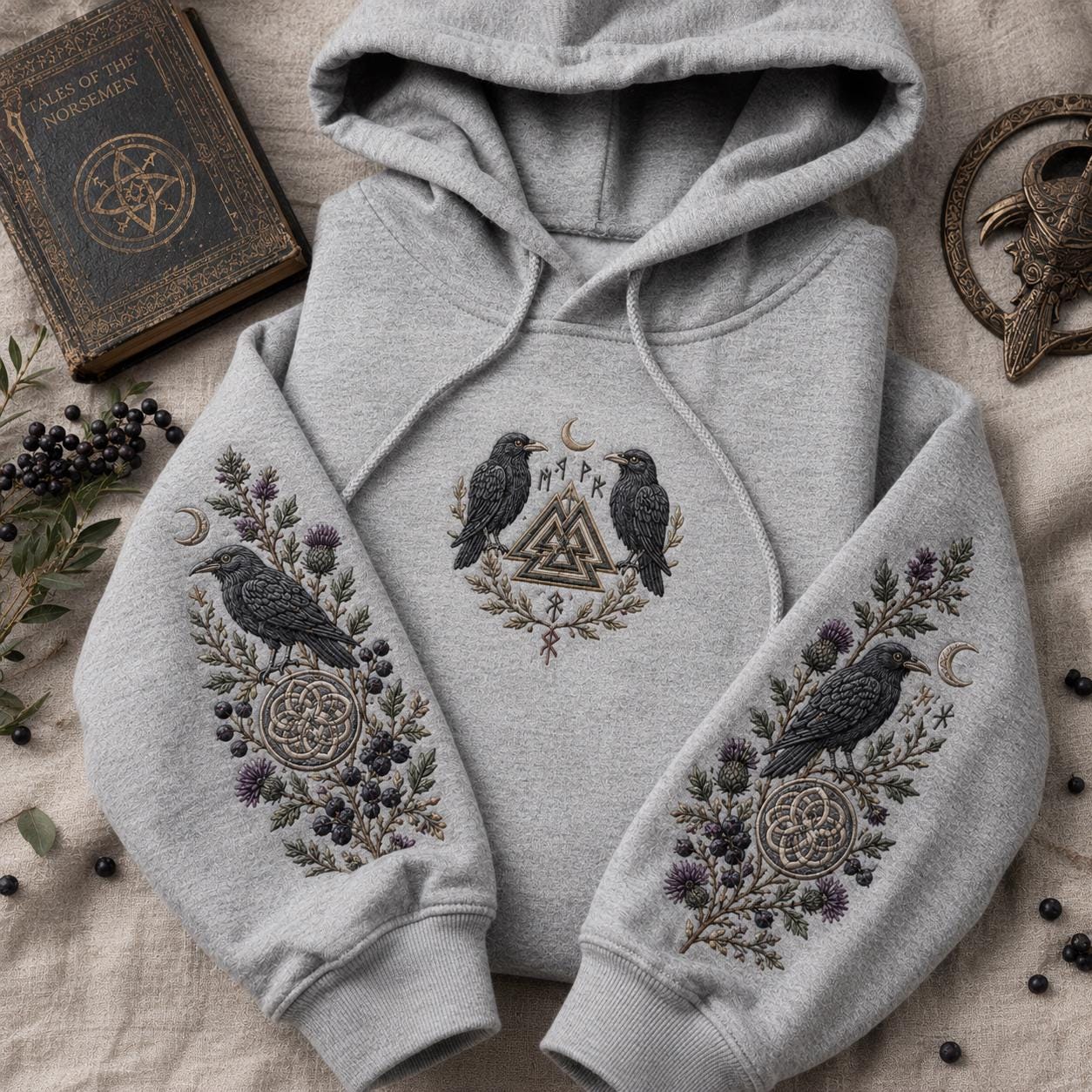 Viking Raven Hoodie - Viking Nordic Raven Embroidered Hoodie, Raven Face Hoodie, Crescent Raven