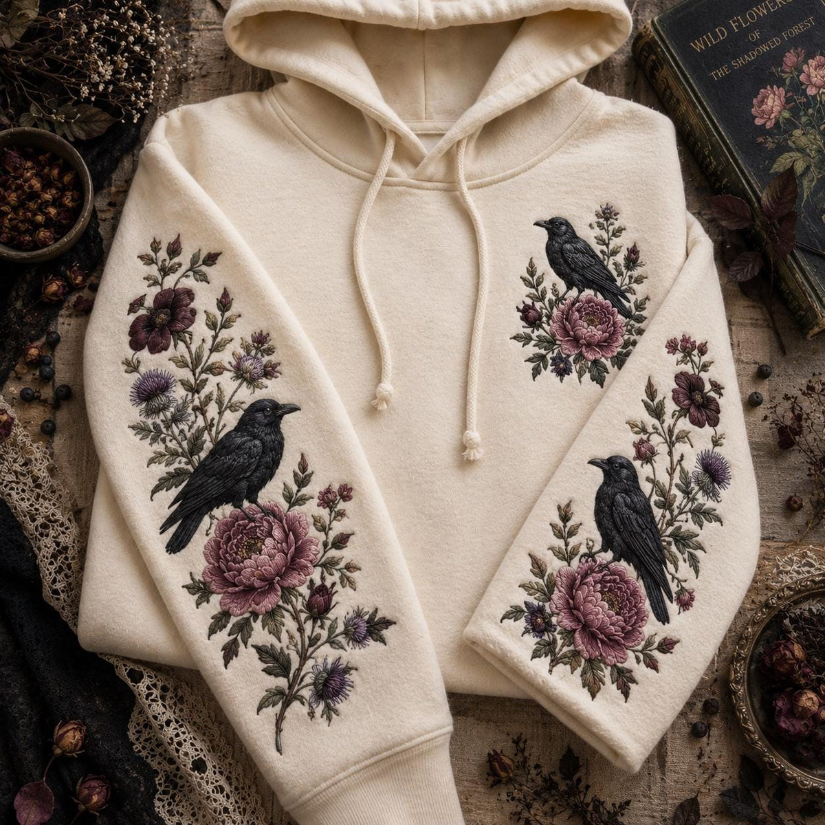 Viking Raven Hoodie - Viking Nordic Raven Embroidered Hoodie, Raven Face Hoodie, Crescent Raven