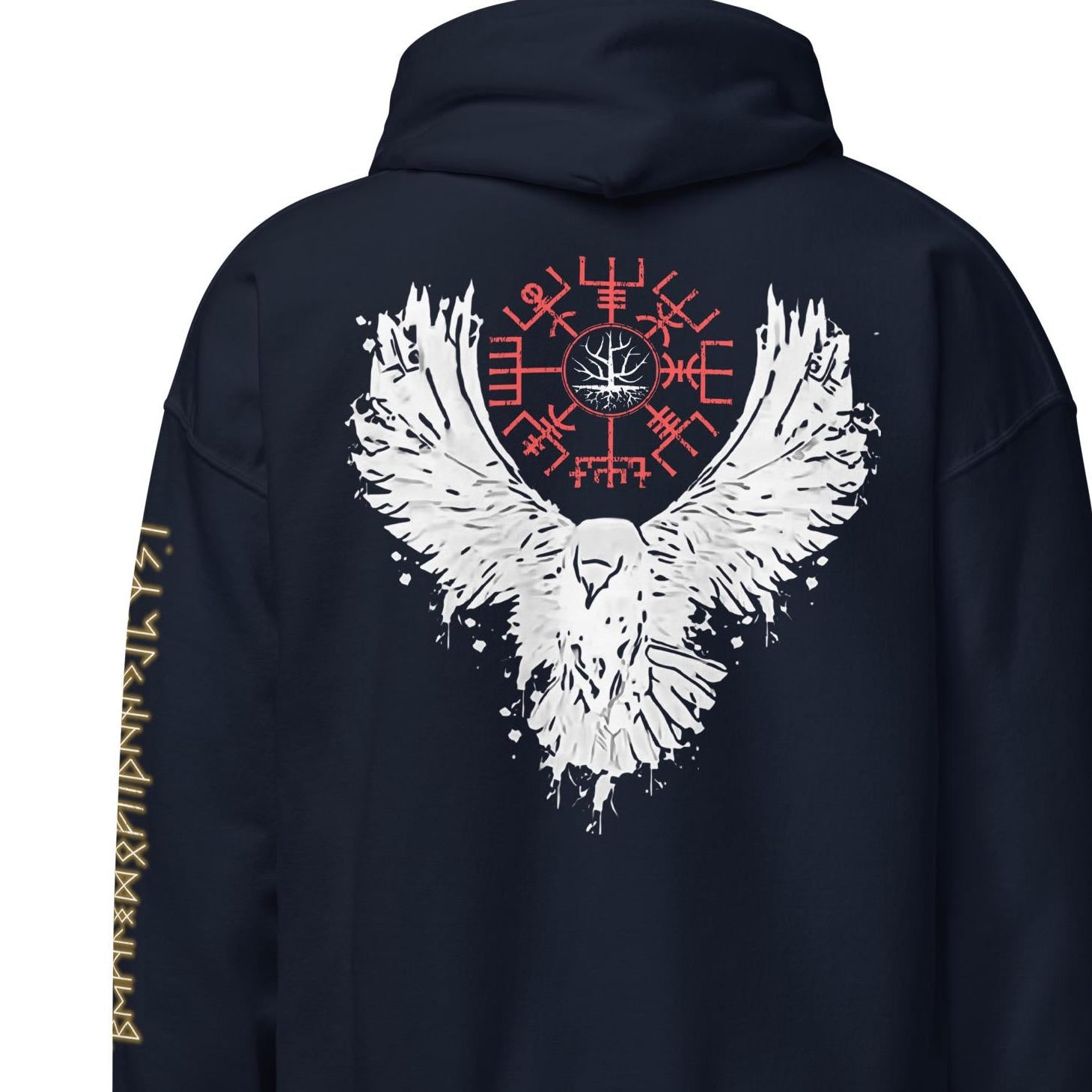 Viking Odin Hoodie - Viking Raven Hoodie with Norse Runes, Nordic Knotwork Pullover, Black Pagan