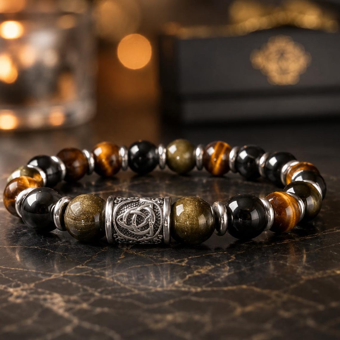 Viking Bracelet - Men’s Matte Tiger Eye Beaded Stretch Bracelet, Celtic Trinity Knot Bracelet