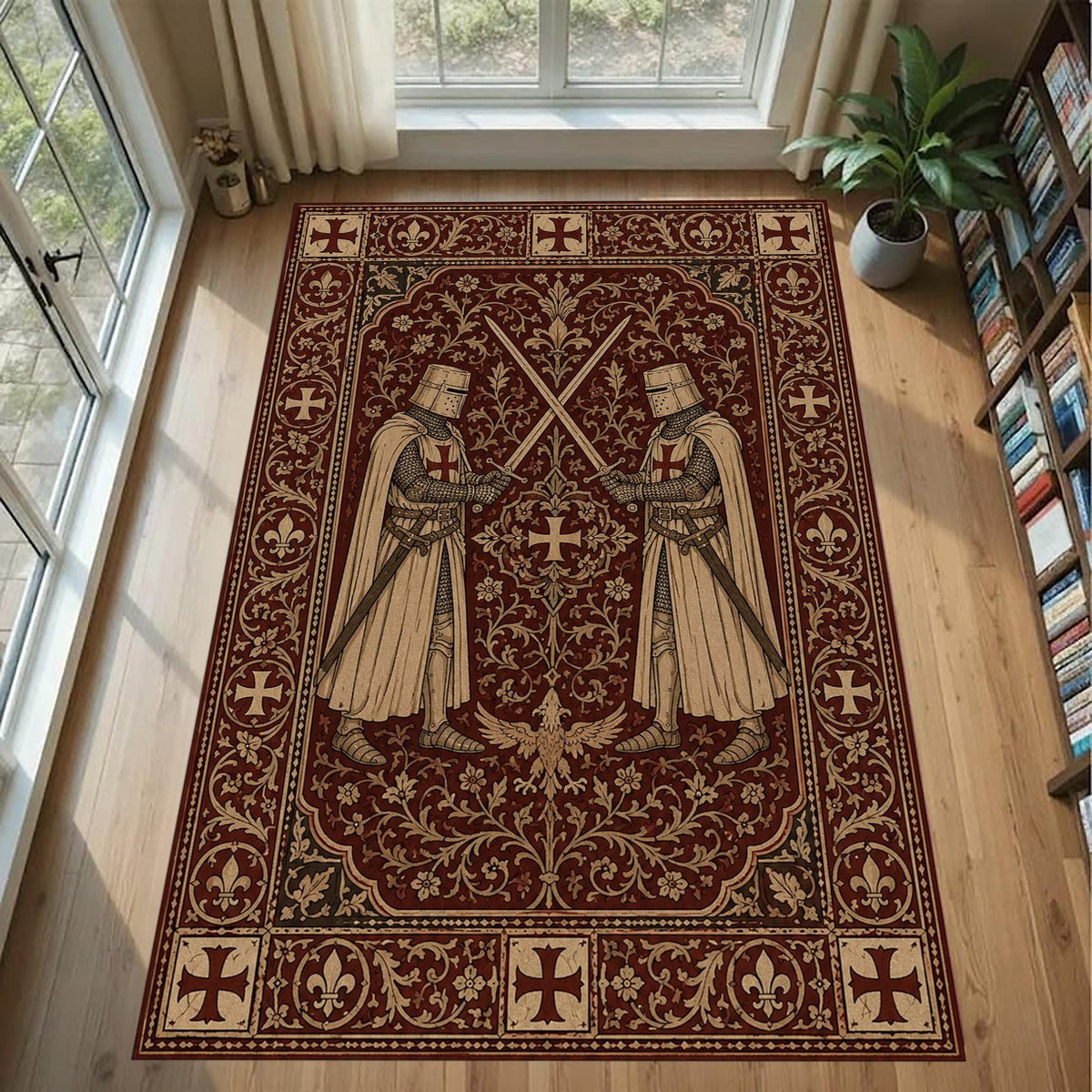 Viking Rune Rug - Norse Viking Rug: Red Black Longship Eagle Carpet, Nordic Rune Pattern, Mythology