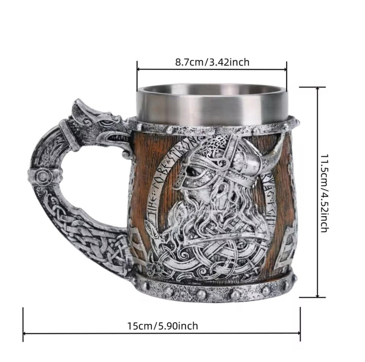 Viking Mug - Norse Warrior & Dragon Handle Stainless Steel Ale Mug