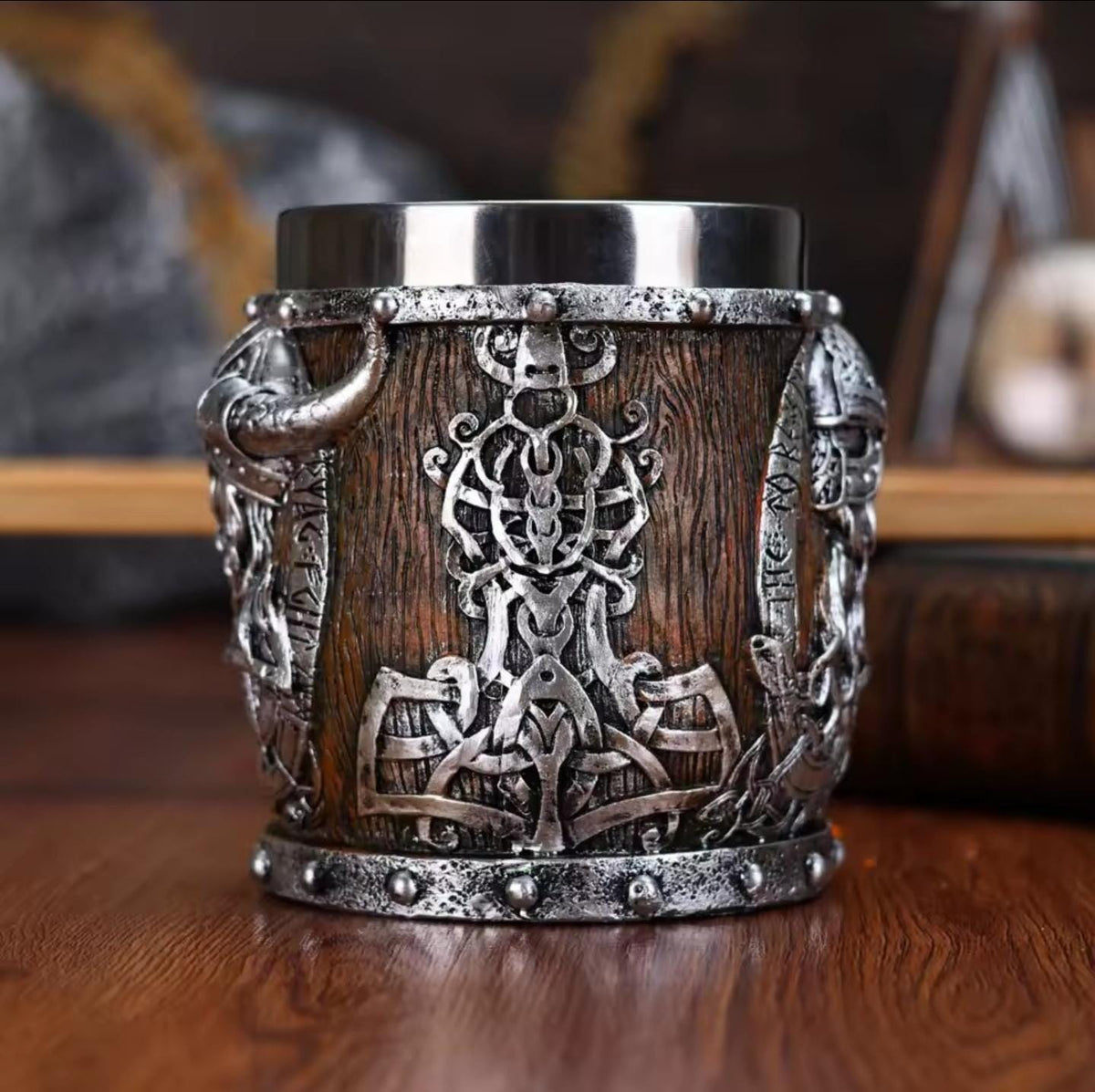 Viking Mug - Norse Warrior & Dragon Handle Stainless Steel Ale Mug